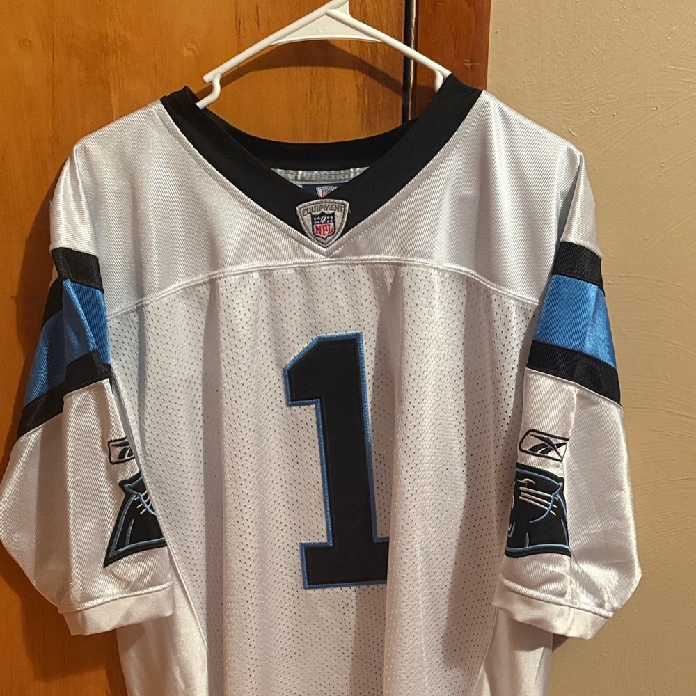 Can Newton White Football Jersey with Black and Light Blue Accents